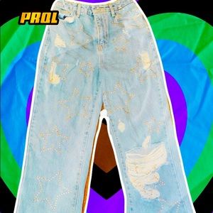 Boyfriend Jeans With Star Stud , LIGHT BLUE SIZE 6